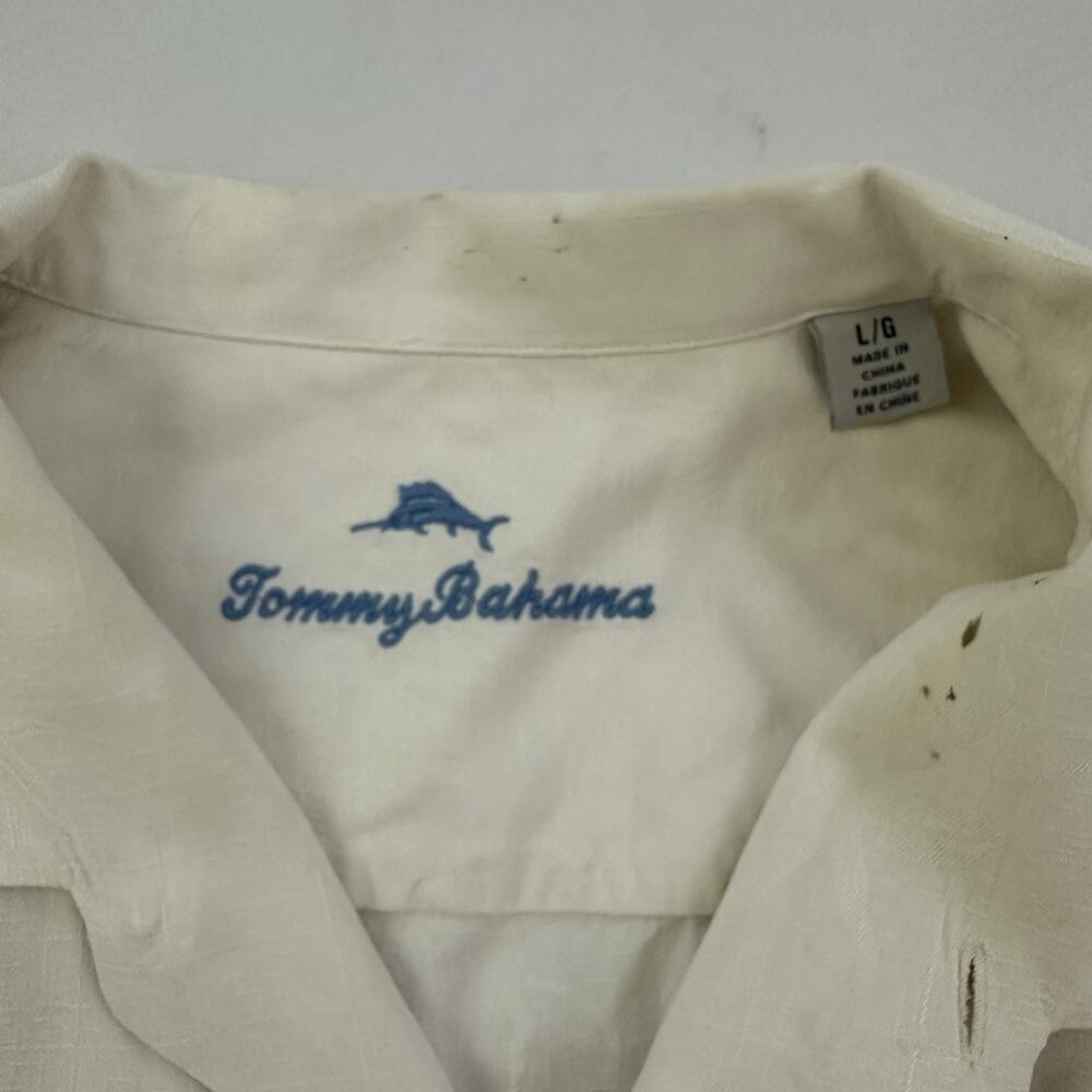 Tommy Bahama Tiki Lounge Embroidered Hawaiian Shirt Size L Cream Silk Tropical - Picture 8 of 13